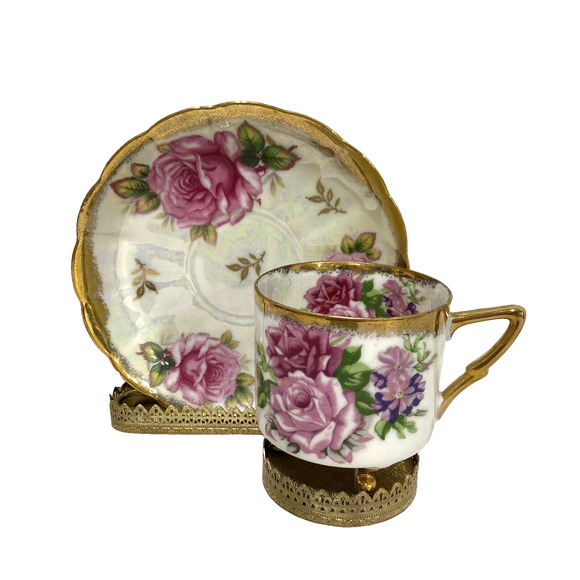 LM Royal Halsey Tea Cup & Saucer Set Iridescent Porcelain Pink Roses & Gold Trim - Picture 2 of 12